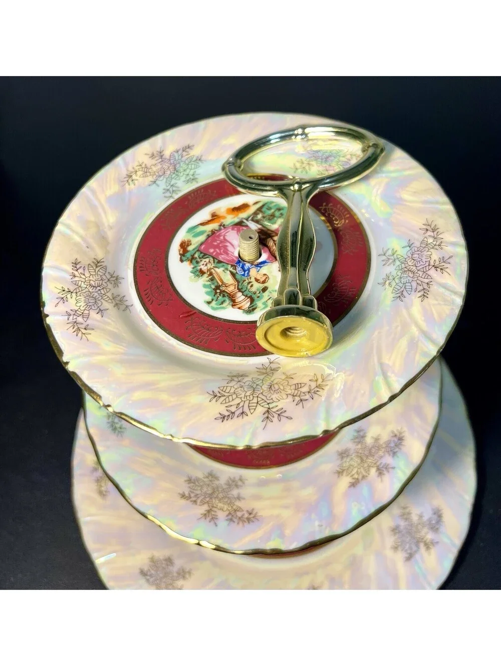 Yau Shing YS Hong Kong 1940s 3-Tier Cake Stand Iridescent Lustre Fragonard, 14”